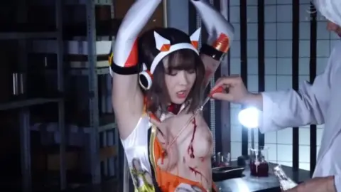 Asian Girl in Fox Ears Headband in Lab Scene