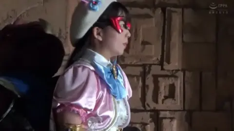 Masked Asian Beauty in Pink and Blue Costume
