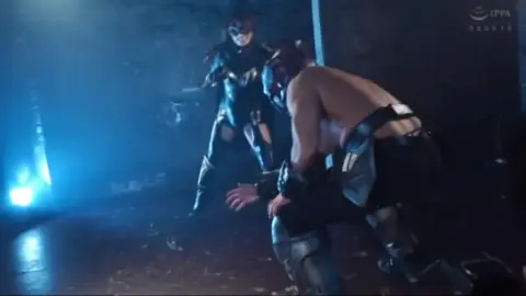 Caucasian Woman in Costume and Mask Poses in Dark Room