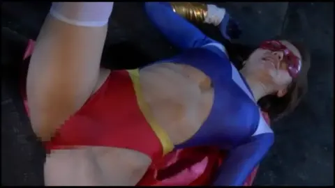 Caucasian woman in red mask and costume fights and poses