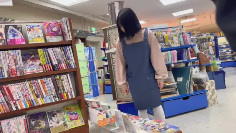 Asian girl in bookstore and grocery store scenes