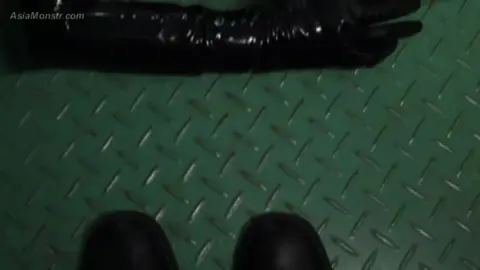 Asian Blonde in Black Latex Gloves with Masked Partner