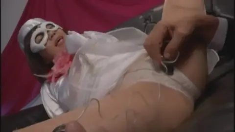 Asian woman in white mask and dress being touched