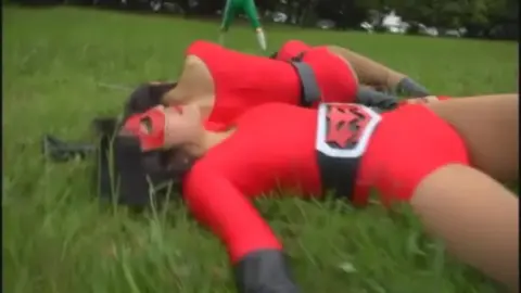 Asian Women in Red Bodysuits Outdoor and Indoor Scenes