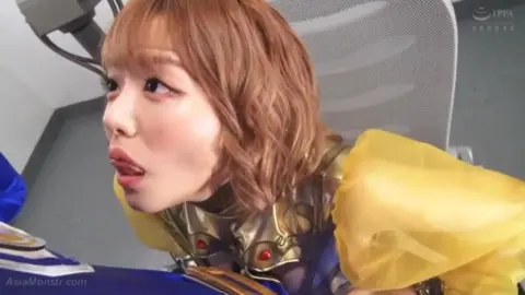 Asian couple in gold and blue costumes intimate in laboratory setting