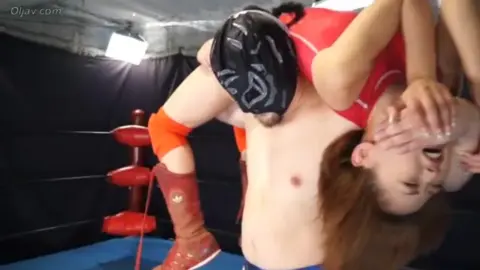 Asian Wrestlers in Red Swimsuit and Black Mask