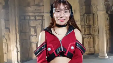 Asian Girl in Red Jacket Posing in Futuristic Settings