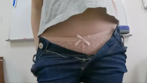 Slim Brunette in Pink Underwear Office Tease