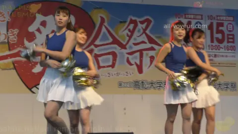 Asian Cheerleaders Dance in Blue Tank Tops and White Skirts
