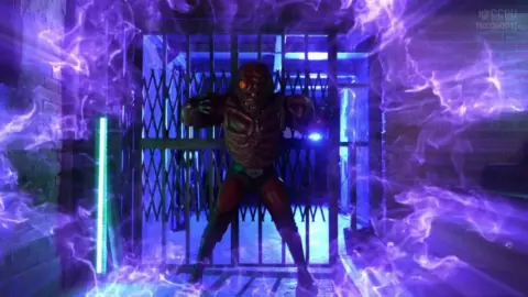 Asian Cosplay Erotica with Red Armor and Neon Lights