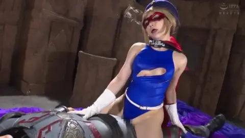 Blonde Asian in Red Mask and Blue Outfit