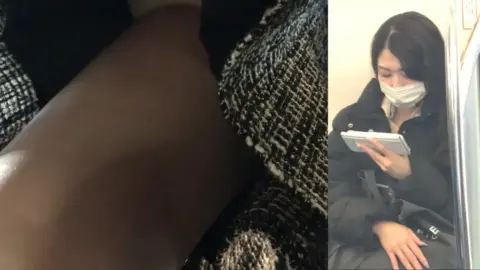 Asian Girl on Train with Phone and Bag