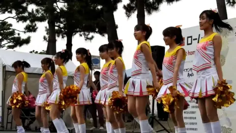 Asian Teen Cheerleaders Outdoor Performance