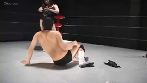Asian Couple Wrestles in Black Swimsuits