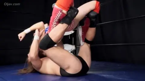 Asian Lesbians Wrestling in Red and American Flag Outfits