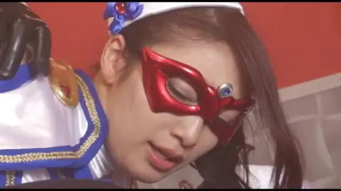 Woman in White and Blue Costume with Red Mask