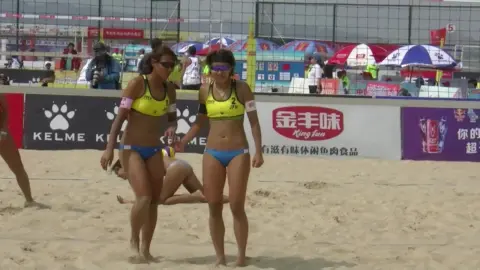 Asian Beauties on Beach Volleyball Court