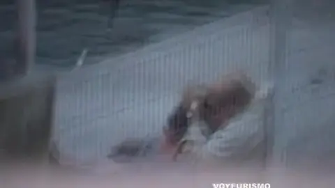 Blonde lovers having sex outdoors in forest