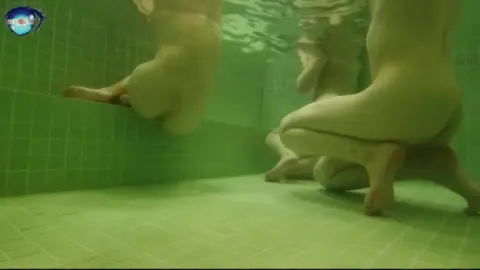 Blonde Threesome in Green-Tiled Pool