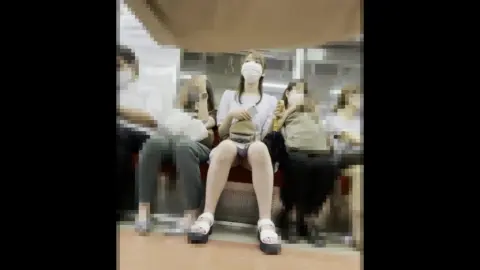 Asian girl in public transportation and bathroom