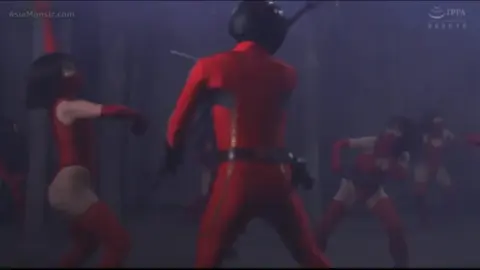 Asian Women in Red Bodysuits Outdoor and Indoor Scenes